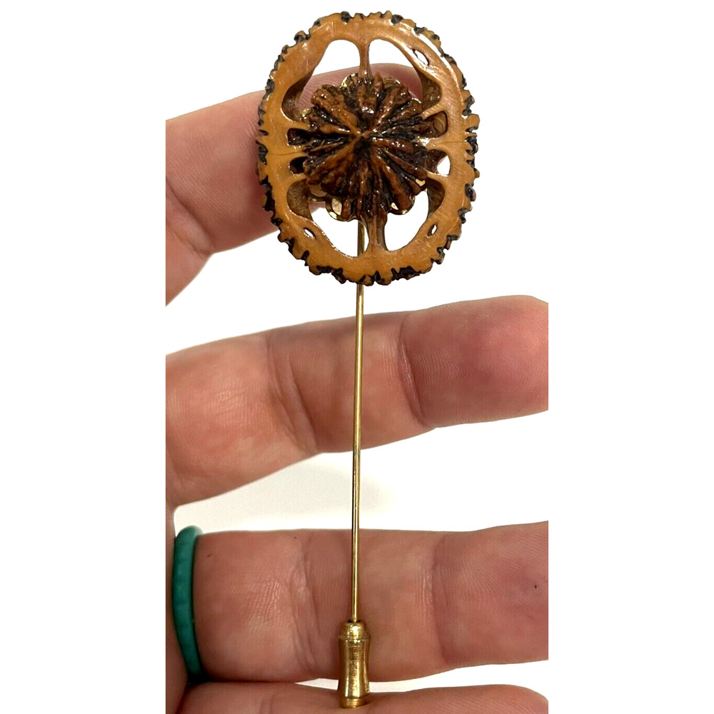 Vintage Carved Walnut Shell Slice Stick Pin Natural Handcrafted Lapel Folk Art
